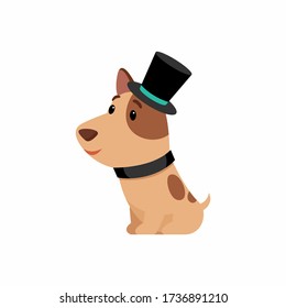 Dog in elegant top hat flat vector illustration. Cute puppy in old fashioned costume cartoon character. Funny terrier sitting isolated on white background. Domestic animal in black cap and collar