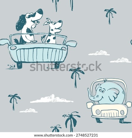 Dog and elephant car funny cool summer t-shirt seamless pattern. Road trip vacation print design. Beach tropical travel kids apparel, nursery wild jungle exotic wallpaper. Hand drawn cartoon animal