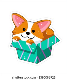 Dog emoji sticker, patch. Vector set illustration. Cartoon Corgi. Welsh corgi. Cute Welsh Corgi Pembroke cartoon. Cute dog breed welsh corgi. Flat style. Dog in a box. Surprise, present.