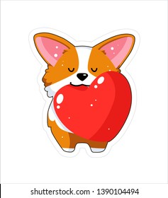 Dog emoji sticker, patch. Vector set illustration. Cartoon Corgi. Welsh corgi. Cute Welsh Corgi Pembroke cartoon. Cute dog breed welsh corgi. Flat style. Dog with heart.