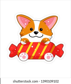 Dog emoji sticker, patch. Vector illustration. Cartoon Corgi. Welsh corgi. Cute Welsh Corgi Pembroke cartoon. Cute dog breed welsh corgi. Flat style. Dog with bid candy. 