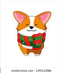 Dog emoji sticker, patch. Vector illustration. Cartoon Corgi. Welsh corgi. Cute Welsh Corgi Pembroke cartoon. Cute dog breed welsh corgi. Flat style. Dog with scarf. Autumn. 