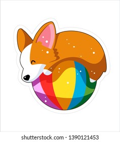 Dog emoji sticker, patch. Vector illustration. Cartoon Corgi. Welsh corgi. Cute Welsh Corgi Pembroke cartoon. Cute dog breed welsh corgi. Flat style. Dog with big colorful ball.