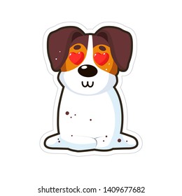 Dog emoji sticker, patch. Vector illustration. Cartoon Jack Russell Terrier. Cute pet cartoon. Cute dog Jack Russell. Flat style. Dog with hearts in eyes. Dog in love.