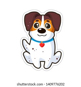 Dog emoji sticker, patch. Vector set illustration. Cartoon Jack Russell Terrier. Cute Pet cartoon. Cute dog . Flat style. Dog with heart.