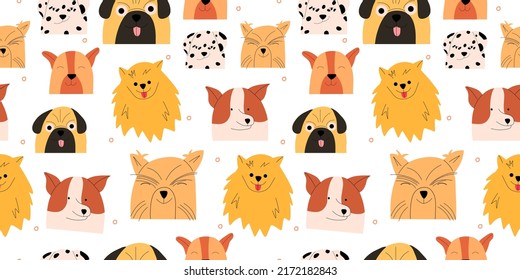 Dog Emotion Portrait Seamless Pattern. Cute Dog Characters. Vector Illustration In A Flat Style.