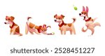 Dog emotions set isolated on white background. Vector cartoon illustration of jack russell terrier puppy sitting lonely and sad, sniffing ground, standing, actively playing with ball, cute pet friend
