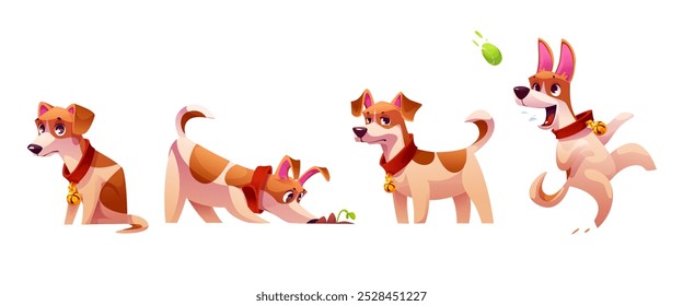 As emoções do cão são isoladas sobre fundo branco. Ilustração de desenho animado vetor de jack russell terrier filhote sentado sozinho e triste, cheirando chão, em pé, jogando ativamente com bola, bonito amigo animal de estimação