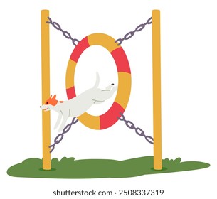 Cão Executando Energicamente Treinamento De Agilidade Pulando Através De Um Anel Ao Ar Livre. Imagem Vetorial De Cartoon Mostra Entusiasmo E Energia, Criança Divertida E Ativa Participando De Uma Atividade De Esporte De Cães