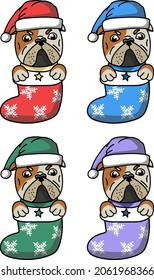 Dog English bulldog in stocks Christmas set Santa Claus Xmas snowflake Christmas dog paw cartoon isolated background illustration cartoonish style