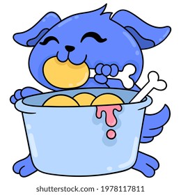 a dog is enjoying a bucket of delicious fried chicken, vector illustration art. doodle icon image kawaii.