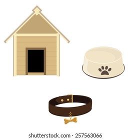 Dog equipment icon set dog house, bowl and brown leather collar vector isolated 