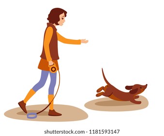 a dog escapes from an owner. lack of exercise in dogs. cartoon vector illustration