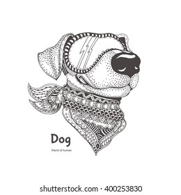 Dog with ethnic floral doodle pattern. Coloring page - zendala, design for  relaxation and meditation for adults, vector illustration, isolated on a white background. Zen doodles.