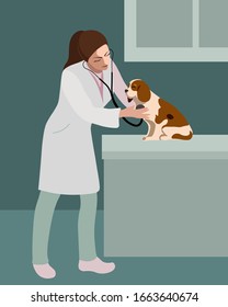 Dog examined by veterinarian, pet at the vet clinic, realistic flat vector illustration for banner, card or poster.
