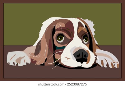 A dog with expressive green eyes rests its head on a surface, . The background is divided into green and brown color fields, complementing the multi-colored dog.