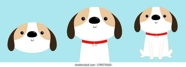 Dog face, body, sitting puppy icon set. Red collar. White pooch. Cute cartoon kawaii funny baby character. Flat design. Help homeless animal concept. Adopt me. Pet adoption. Blue background. Vector