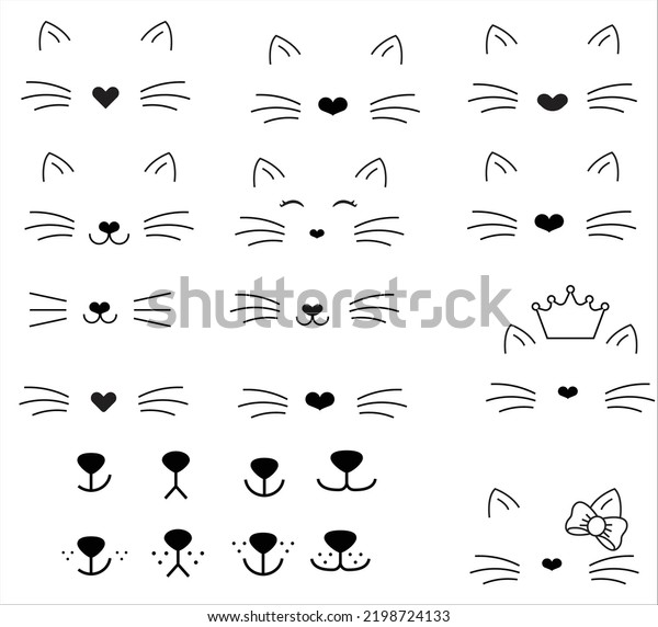 Dog face and cat\
face cartoon outline with tongue hanging out. mouth and nose big\
set. Vector illustration