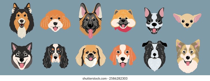 Dog face. Domestic animal quirky. Icon puppy shape, character stray. Flat pet different breed element, cute head design. Graphic doodle canine illustration. Veterinary symbol. Vector cartoon set