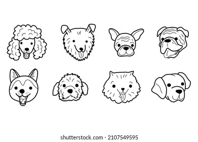 Dog face doodle. Dog breeds hand drawn. Pomeranian, labrador, collie, sheltie, bulldog, poodle, akita, husky head. Stock vector vet illustration on a white background.