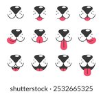 Dog face emotions, dog face with tongue hanging out. Dog mouth emotions, dog face with lick tongue and a funny nose.