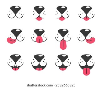 Dog face emotions, dog face with tongue hanging out. Dog mouth emotions, dog face with lick tongue and a funny nose.