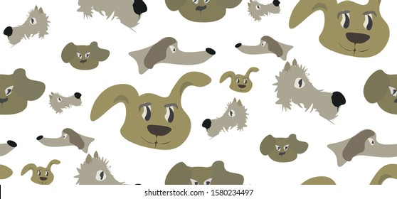 dog face funny cartoon doodle vector seamless pattern. Cute pet illustration in vector. Hand drawn on white background. different breeds and sizes backgrounds with trendy linear icons related to pets.