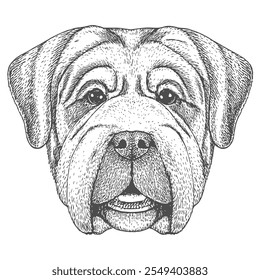 Cara de perro, Vector dibujado a mano, estilo gráfico, ilustración de dibujos animados, blanco y negro, estilo de boceto