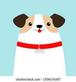 Dog face head. White puppy pooch. Red collar bone. Cute cartoon kawaii funny baby character. Flat design style. Help homeless animal concept. Adopt me. Pet adoption. Blue background. Isolated. Vector