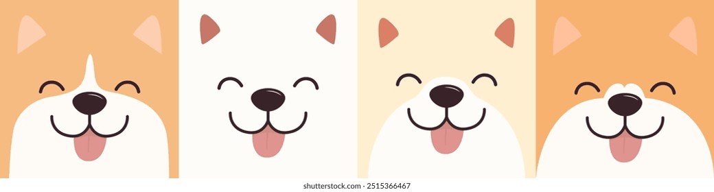 Dog face icon set line. Labrador Sibu inu breed. Smiling eyes, nose. Pink tongue out. Cartoon puppy character. Cute kawaii funny animal. Family friend. Love pets. Flat design. Baby background. Vector