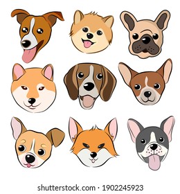 Dog face icon. Vector illusion of funny cartoon different breeds dog in trendy flat style. Hand draw on white background.
