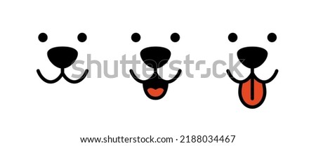 Dog face icons with tongue hanging out. Dog cute smile. Happy cat face with open mouth. Icons set. Vector illustration isolated on white background.