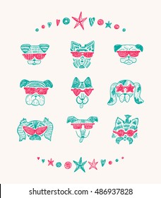 Dog face icons. Vector Set of Hand Drawn Doodle Cute Stylish Trendy Hipster Dogs with sunglasses