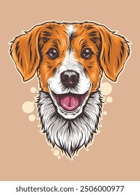 dog face isolated background. Smiling puppy sticker. Purebred little dog cartoon character. Funny mascot template. Hand drawing