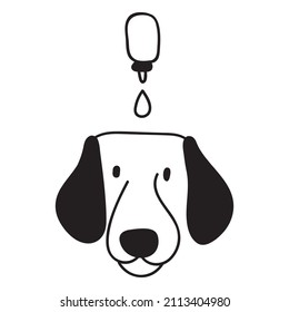 Dog face. Medicine against ticks. Vector outline illustration on white background.