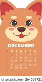 Dog face on a calendar for December. The calendar is for the year 2026. Vector illustration in a flat style