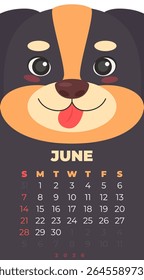 Dog face on a calendar for June. The calendar is for the year 2026. Vector illustration in a flat style