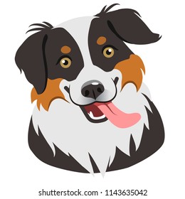 Dog face portrait cartoon illustration.  Cute friendly herding dog smiling with tongue out. Pets, dog lovers, animal themed design element isolated on white, contemporary flat vector style.