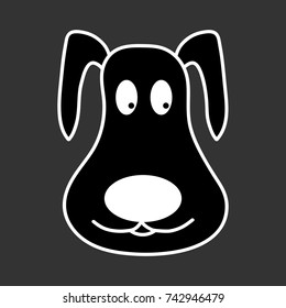 Dog face sign. Image of cute domestic animal. Beautiful monochrome icon isolated on gray background. Symbol of funny doggy. Logo for 2018 New Year. Mark of puppy. Stock vector illustration