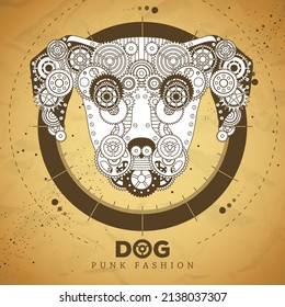 Dog face silhouette with gears on old paper texture background. Punk style. Vector illustration