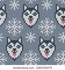 Dog face and snowflakes jacquard knitted seamless pattern. Winter background for wear knitting design. Vector illustration.