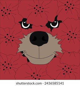 Dog face in Summer Flowers. Creative art with Animal and Floral pattern. Vector illustration can used t-shirt print card cover. EPS 10 Editable stroke.