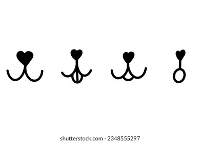 Dog face with tongue. Animal face, nose, mouth and tongue. Cat mouth nose. Happy animal face with open mouth. Icons set. Vector illustration isolated on white background.