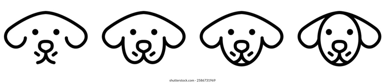 Dog face vector icon in four variations with rounded ears. Editable stroke.