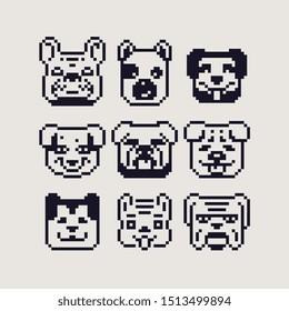 Dog faces 1 bit pixel art icons set, various dogs head collection, design for logo, web, sticker, pet shop or animal shelter, print for clothes, stamp and mobile app. Isolated vector illustration. 