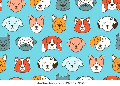 Dog faces cartoon seamless pattern. Smiling funny childish doggy pet, baby comic flat endless ornament. Cute puppy kawaii head muzzle doodle repeat wrapper. Wallpaper template for kid design