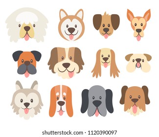 Dog faces collection. Cute cartoon dog faces with their tongue outside. Avatar icon set. Vector illustration.