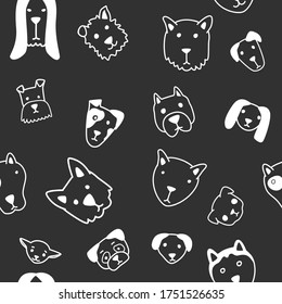 Dog faces dark pattern texture.Vector illustration of cute dog faces seamless pattern.