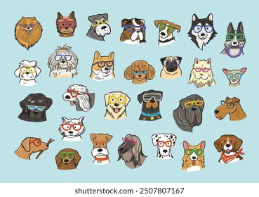 Dog faces different breeds with glasses illustrations set.