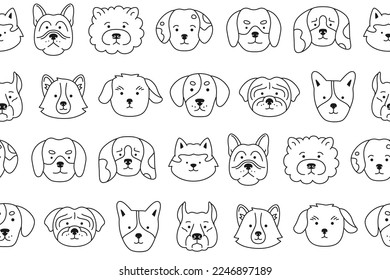 Dog faces doodle seamless pattern. Smiling funny childish doggy pet, baby comic flat endless ornament. Cute puppy kawaii cartoon head muzzle repeat wrapper. Wallpaper template for kid design